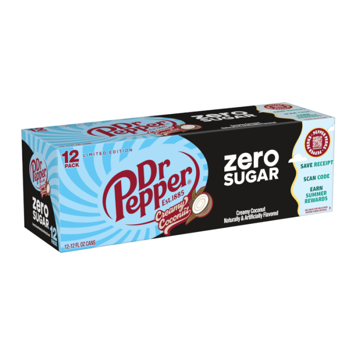 Front of a Dr Pepper Creamy Coconut Zero Sugar 12 pack showing logo, creamy coconut flavour, and 355ml can details.