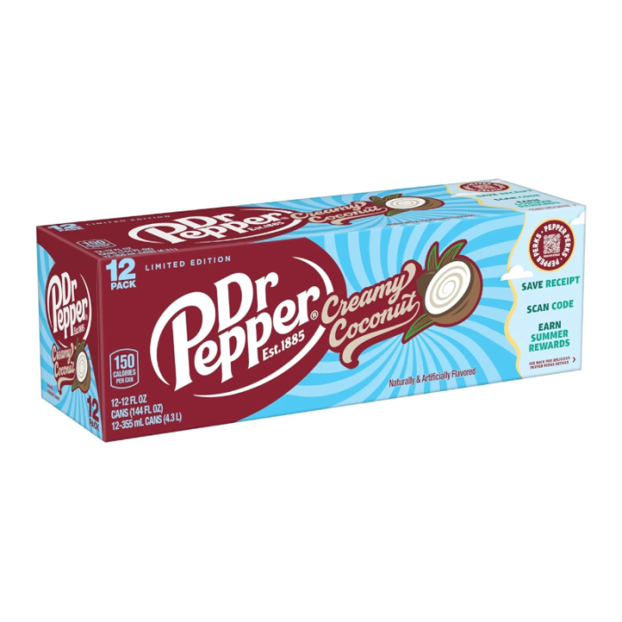 Front of Dr Pepper Creamy Coconut case featuring bold logo, coconut imagery, and details on pack size (12 cans of 355ml)