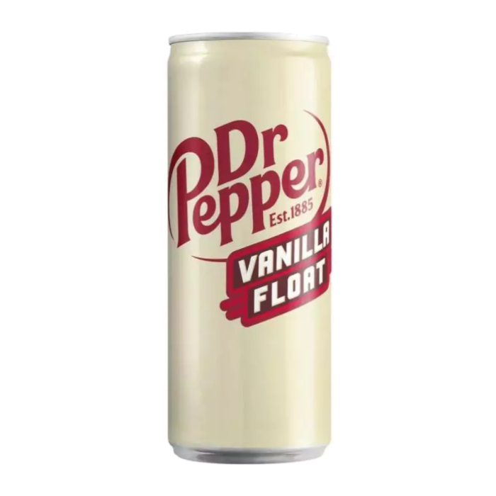 Front of a Dr Pepper Vanilla Float can featuring the brand logo, product name, and creamy vanilla design (330ml)