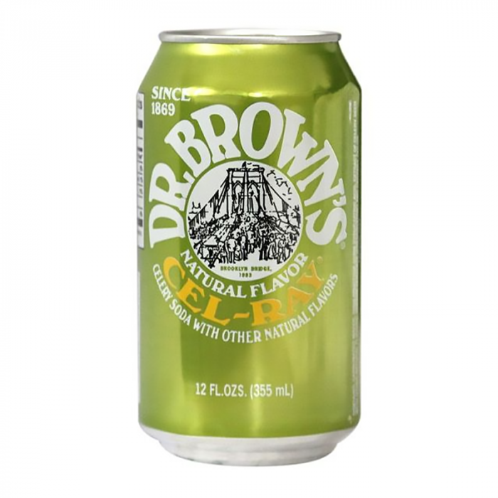 Front of Dr Brown's Natural Flavour Cel-Ray Soda can showing the logo, celery flavour label, and pack size of 355ml.