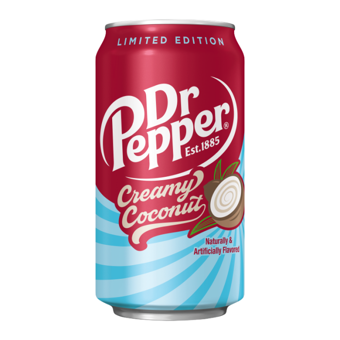 Front of Dr Pepper Creamy Coconut can featuring the logo, vibrant design with coconut illustration, and “Naturally & Artificially Flavored” text (355ml can)