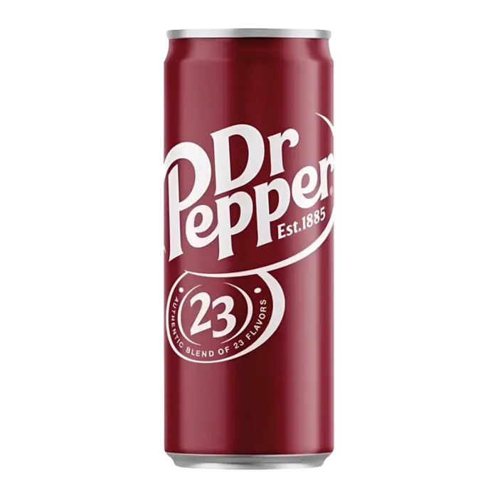 Front of a Dr Pepper Original can showing the iconic logo, “Est. 1885” text, and “23” indicating the unique blend of flavours (330ml pack)