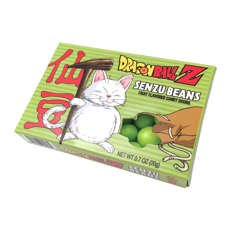 Front of Dragon Ball Z Senzu Beans Fruit Flavoured Candy Sours box showing vibrant green design, cartoon cat, and candies (20g pack)