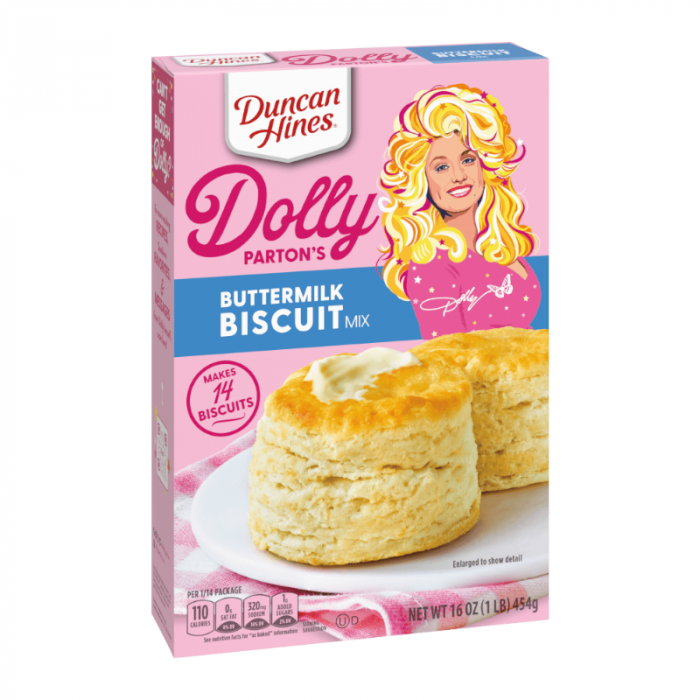 Front of Duncan Hines Dolly Parton's Buttermilk Biscuit Mix box showing the product title and image of fluffy biscuits (454g pack)
