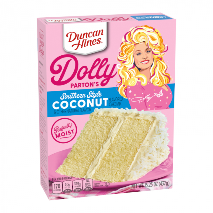 Front of Duncan Hines Dolly Parton's Southern Style Coconut Cake Mix box showing vibrant pink packaging, coconut cake image, and product details (432g pack)