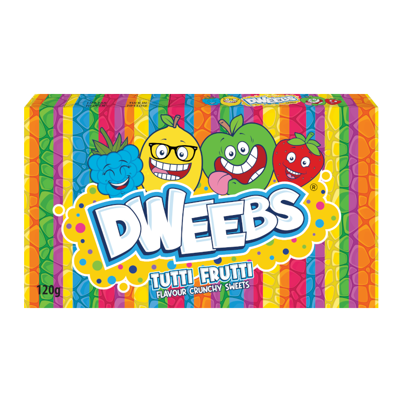 Front of DWEEBS Tutti Frutti Theater Box showing vibrant packaging, fruity characters, and logo with 120g pack size