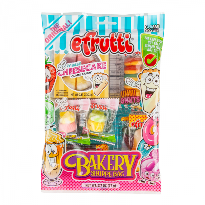 Front of eFrutti Bakery Shoppe Bag showing colourful gummy candies, playful designs, and Bakery Shoppe branding (77g pack)