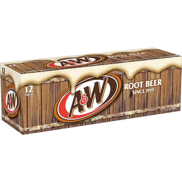 Front of A&W Root Beer case showing the logo, root beer label, and 12 pack design (355ml x 12)