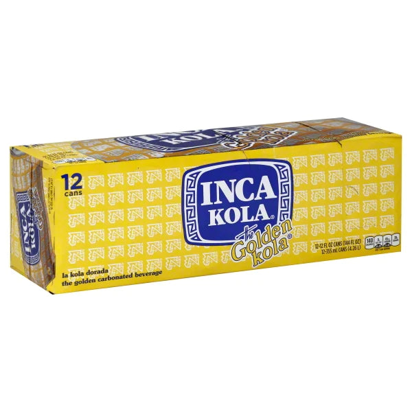 A case of 12 Inca Kola 'The Golden Kola' flavored soda bottles, with a bright yellow packaging and blue Incan-inspired designs.
