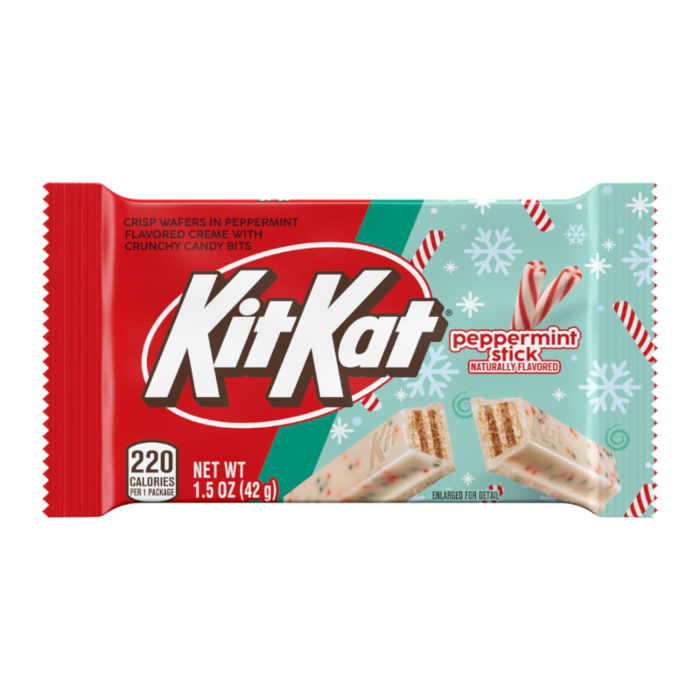 Front of Kit Kat Peppermint Stick packaging showing the Kit Kat logo, peppermint flavour label, and festive design with crispy wafers (42g pack)