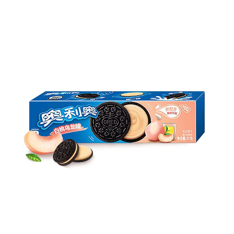 Front of Oreo Peach & Oolong (China) packaging showing the Oreo logo, peach flavour illustration, and details with a 97g pack size.