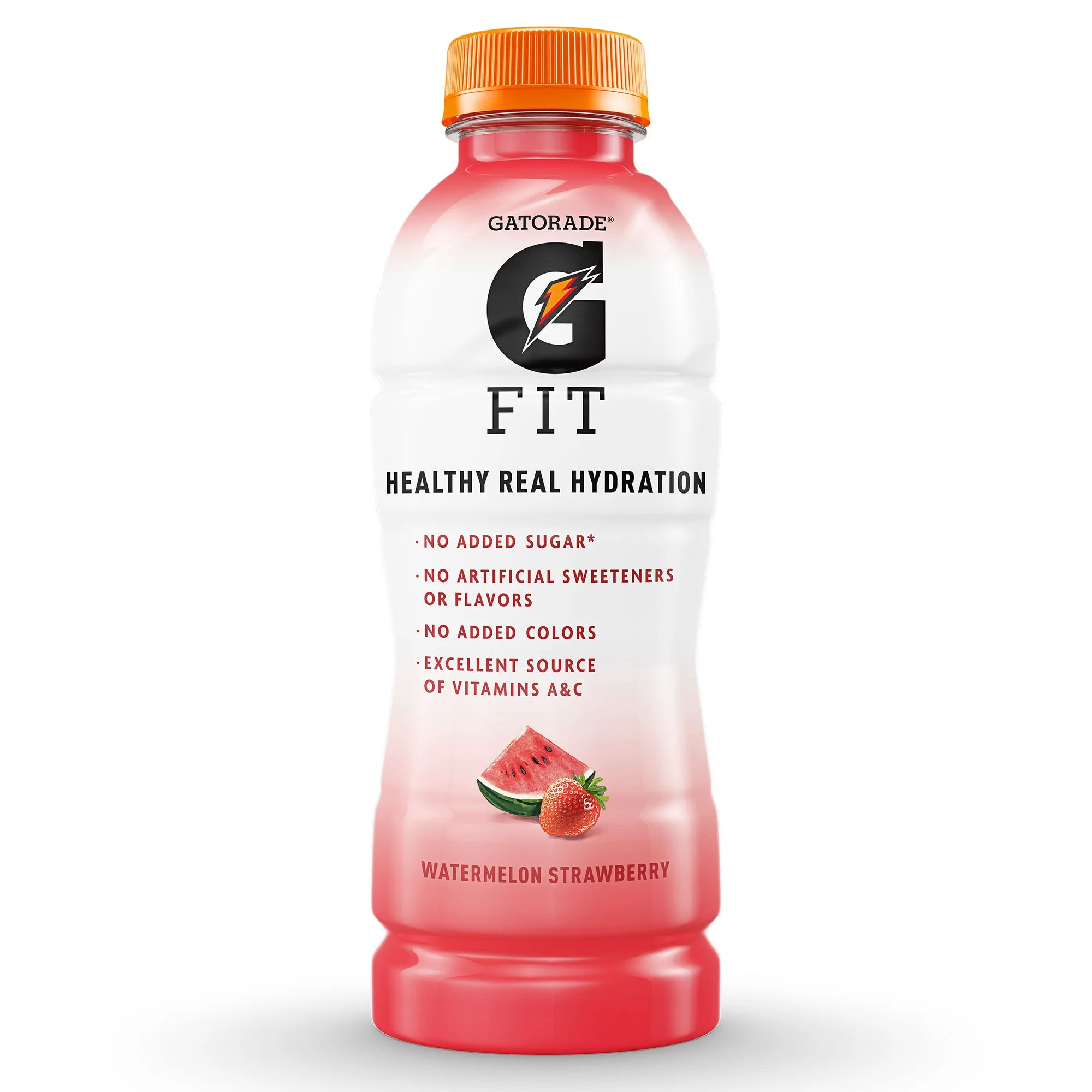 Front of Gatorade Fit Healthy Real Hydration Strawberry Watermelon bottle showing logo, flavour details, and 500ml pack size.