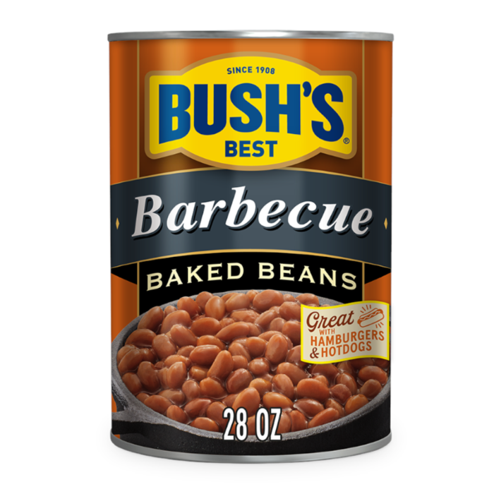 Front of Bush's Best Barbecue Baked Beans can showing brand logo, barbecue flavour, and baked beans in a bowl (794g pack)