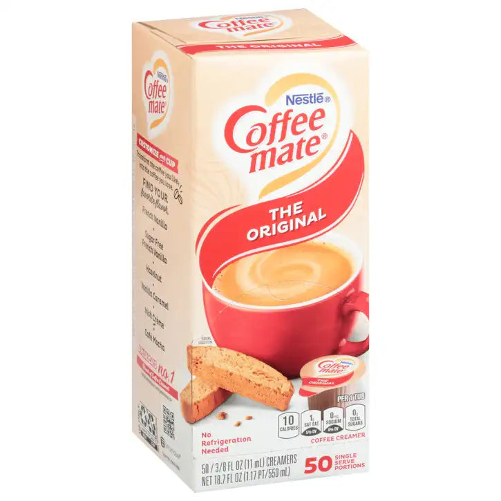 Front of Coffee-Mate The Original Liquid Creamer packaging featuring a red cup with creamy coffee, logo, and 50 single serve portions (710g)