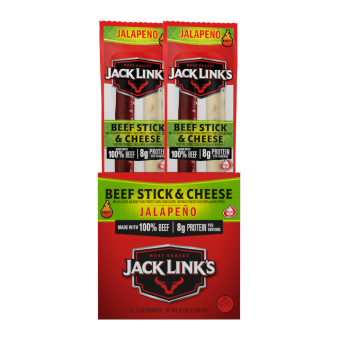 Front of Jack Link's Jalapeno Beef Stick & Cheese package showing red and green design with beef stick and cheese shown, 34g pack size.