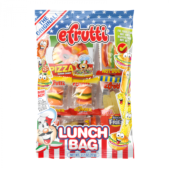 Front of eFrutti Gummi Lunch Bag showing fun gummy candies shaped like pizza, hot dog, and burger (77g pack)
