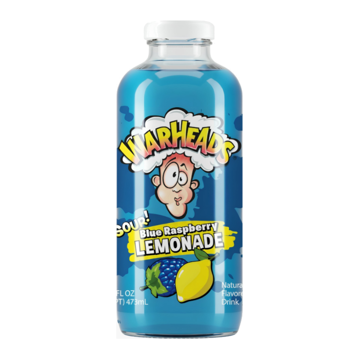 Front of Warheads Sour Blue Raspberry Lemonade bottle showing logo, vibrant blue colour, and images of raspberries and lemons (473ml)