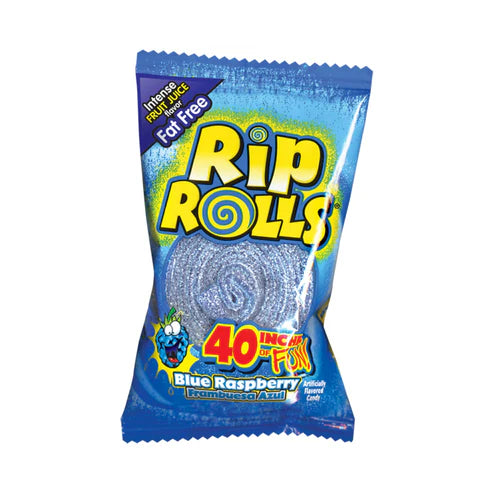 Front of Rip Rolls Blue Raspberry Candy bag showing bright blue packaging, logo, and a visual of the blue raspberry flavour (40g pack)