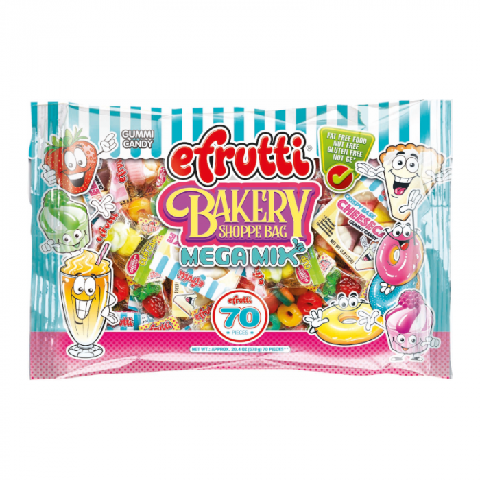 Front of eFrutti Gummi Bakery Bag Mega Mix showing colourful assorted gummi candies, brand logo, and 571g pack size