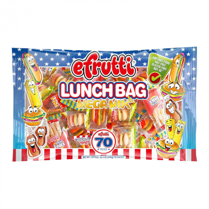 Front of eFrutti Gummi Lunch Bag Mega Mix showing colourful gummy shapes and the product title with pack size (571g).
