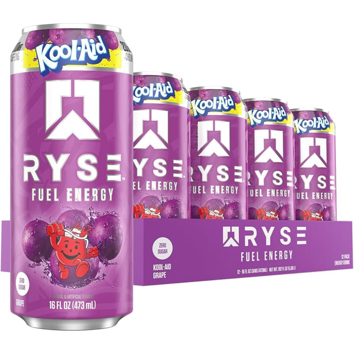 Front of a case of Ryse Fuel Energy Drink Kool Aid Grape showing purple packaging with logo, grape flavour details, and 12 x 473ml cans