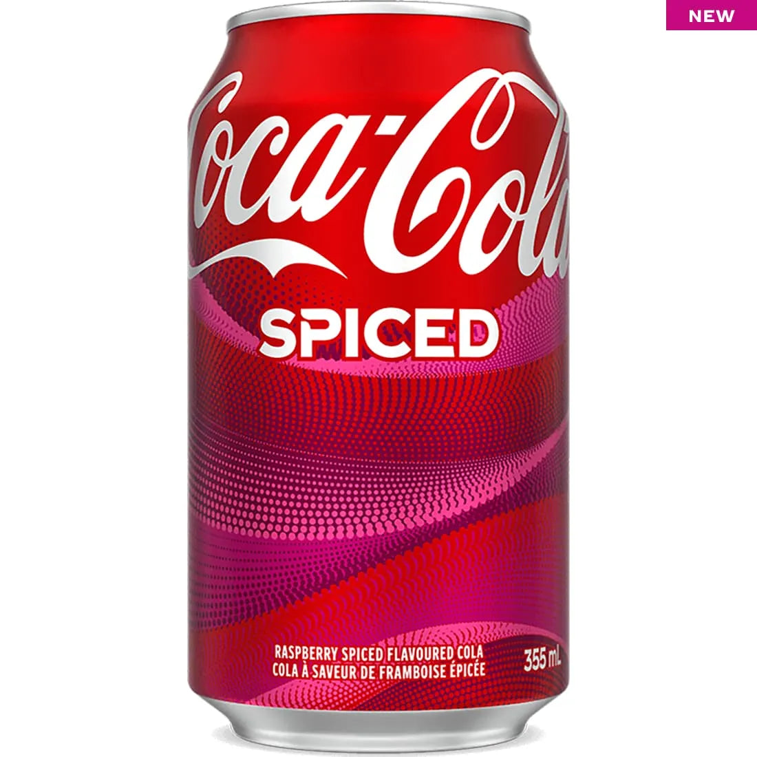 Front of Coca Cola Spiced can featuring the logo, raspberry spiced flavour label, and 355ml size.