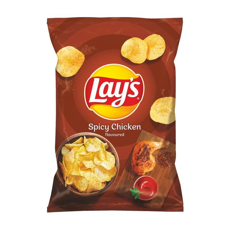 Front of Lay's Spicy Chicken bag showing Lay's logo, spicy chicken flavour label, and a bowl of crisps (130g pack)