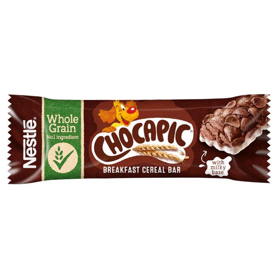 Front of Nestlé Chocapic Breakfast Cereal Bar wrapper featuring the logo, whole grain symbol, chocolate flavour, and 25g size.