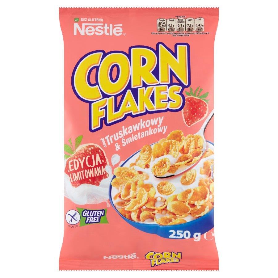 Front of Nestlé Corn Flakes Strawberries and Cream bag featuring the brand logo, strawberry and cream flavour graphic, and serving suggestion (250g pack)