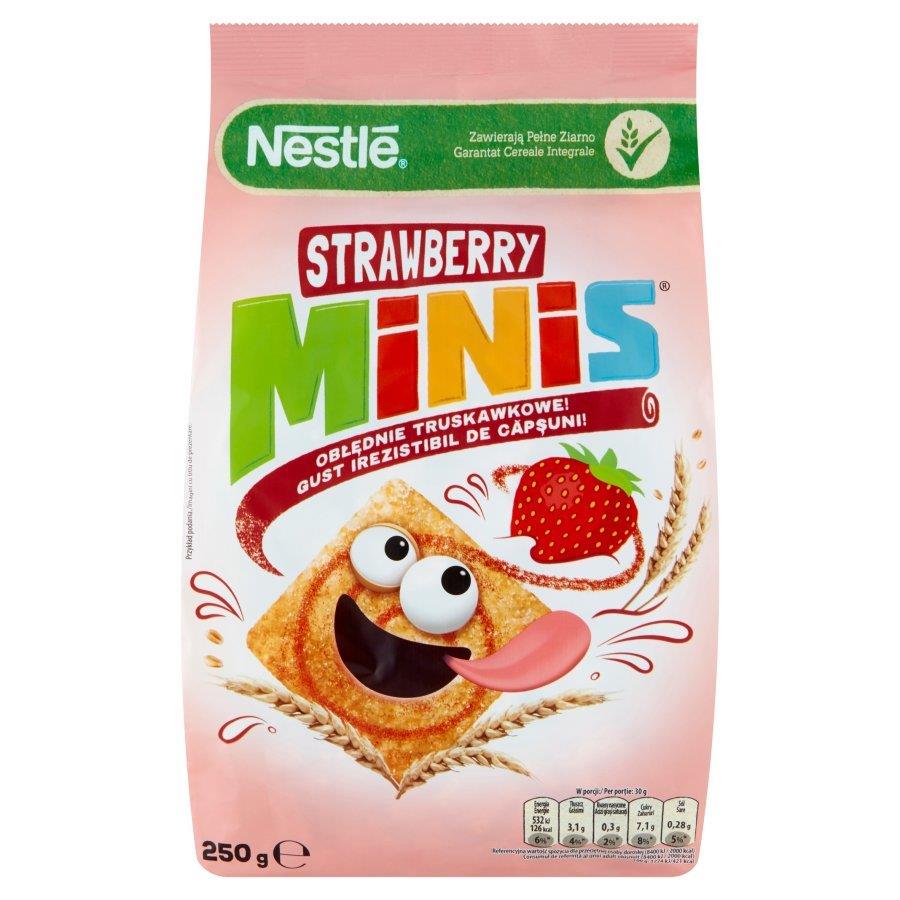 Front of Nestlé Strawberry Minis Cereal bag showing the bright logo, strawberry flavour label, and fun character on a pink background (250g pack)