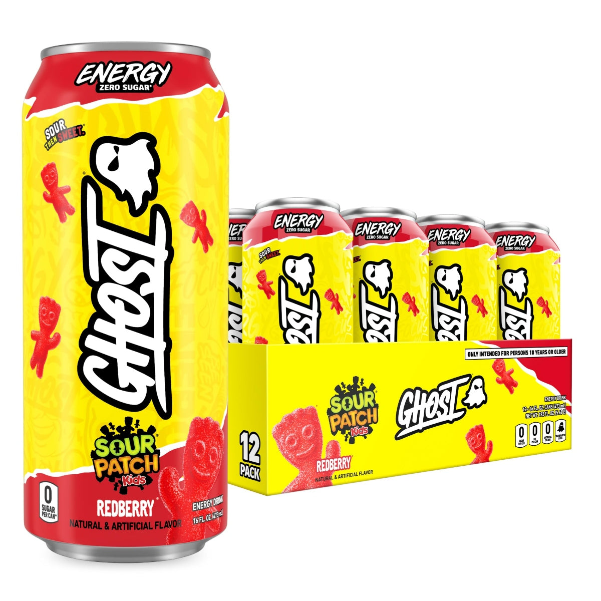 Front of Ghost Sour Patch Redberry Energy Drink can and 12-pack, featuring vibrant colours and images of sour patch kids.