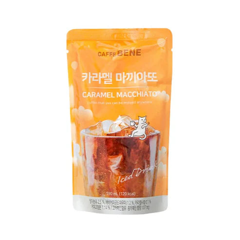 Front of Caffe Bene Caramel Macchiato pouch showing logo, caramel flavour, and image of iced macchiato drink (190ml pack)