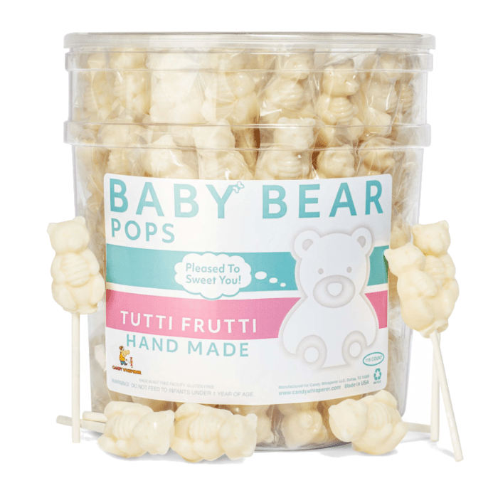 Front of Espeez Baby Bear Pops Tutti Frutti tub showing the logo, colourful bear pops, and the 21g label.