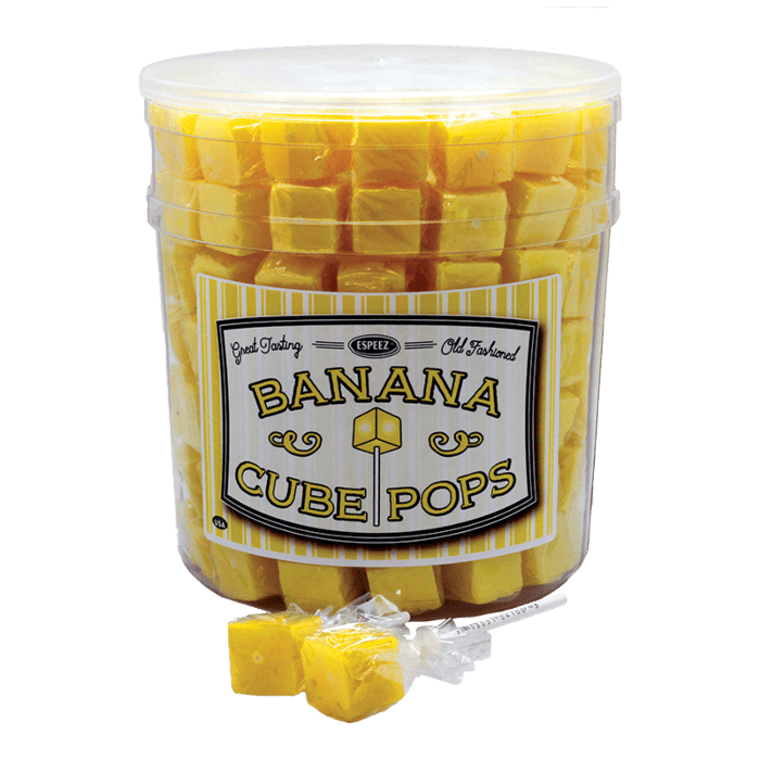 Front of Espeez Banana Cube Pops tub with the label showing banana flavour, bright yellow cubes, and 21g pack size