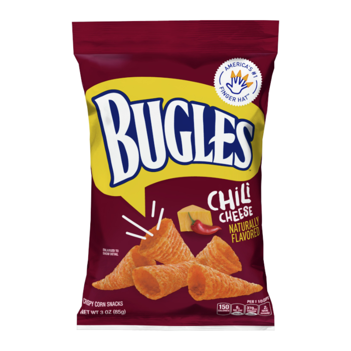 Front of Bugles Chilli Cheese bag showing bold yellow logo, chilli cheese flavour label, and crispy corn snacks (85g pack)