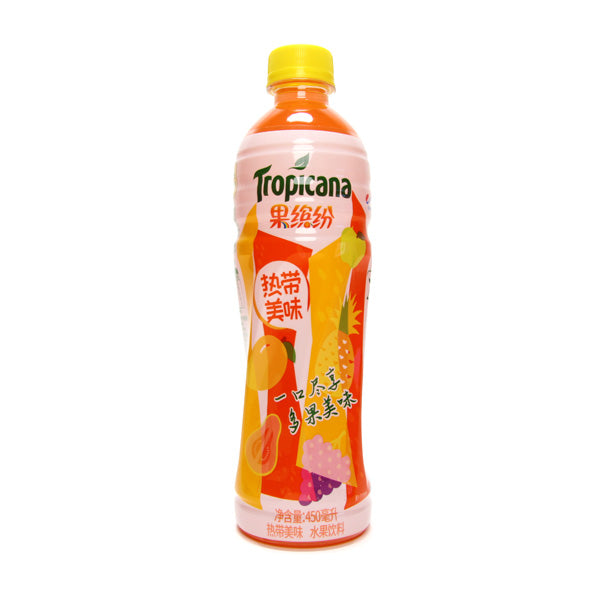 Front of Tropicana Tropical (China) bottle displaying logo, tropical fruit graphics, and bright orange drink in a 500ml package.