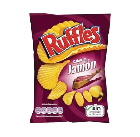 Front of Ruffles Jamon bag showing prominent logo, ham flavour label, and crispy potato chips (160g pack)