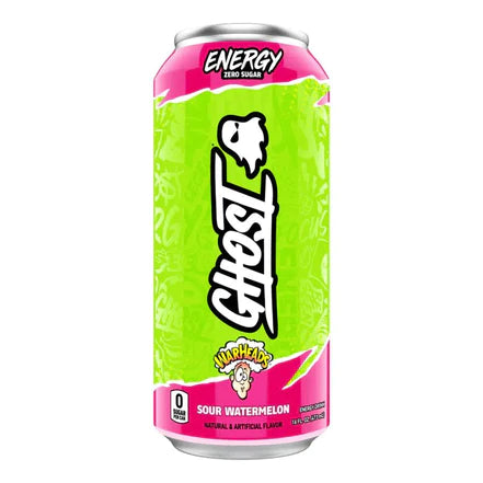 Front of Ghost Energy Warheads Sour Watermelon Energy Drink can showing green and pink label, logo, sour watermelon flavour, and 473ml size.