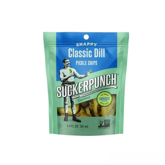 Front of SuckerPunch Gourmet Dill Classic Pickle Chip Pouch showing blue and green design with pickle chips illustration and 101ml size label.