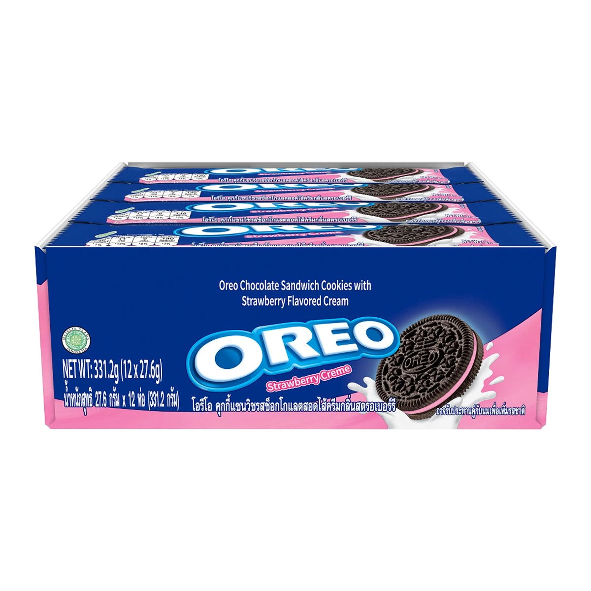 Front of OREO Cookies Sandwich Strawberry pack showing logo and image of chocolate cookies filled with strawberry crème (12 pack, 312g)