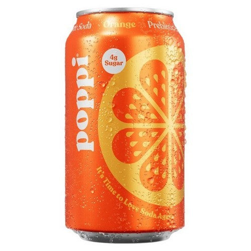 Front of Poppi Orange Prebiotic Soda can showcasing vibrant orange design, orange slice graphic, and 355ml volume.