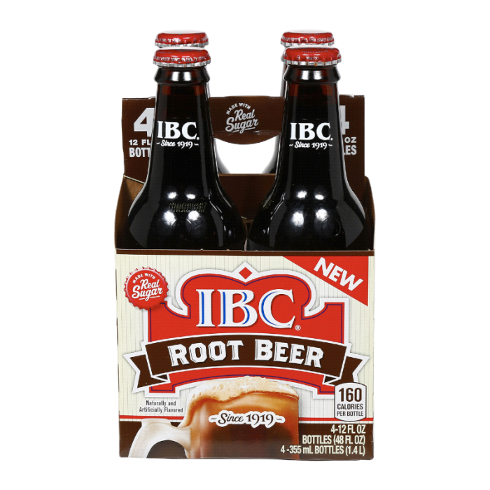 Front of IBC Root Beer 355ml (4 Pack) showing logo and image of root beer with cream, available in four 355ml bottles