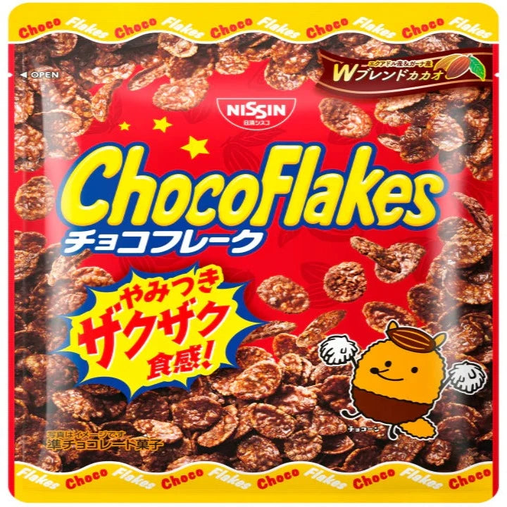 Front of Nissin Chocolate Flakes bag showing bright red packaging with the product name and crispy chocolate flakes illustration (70g pack)