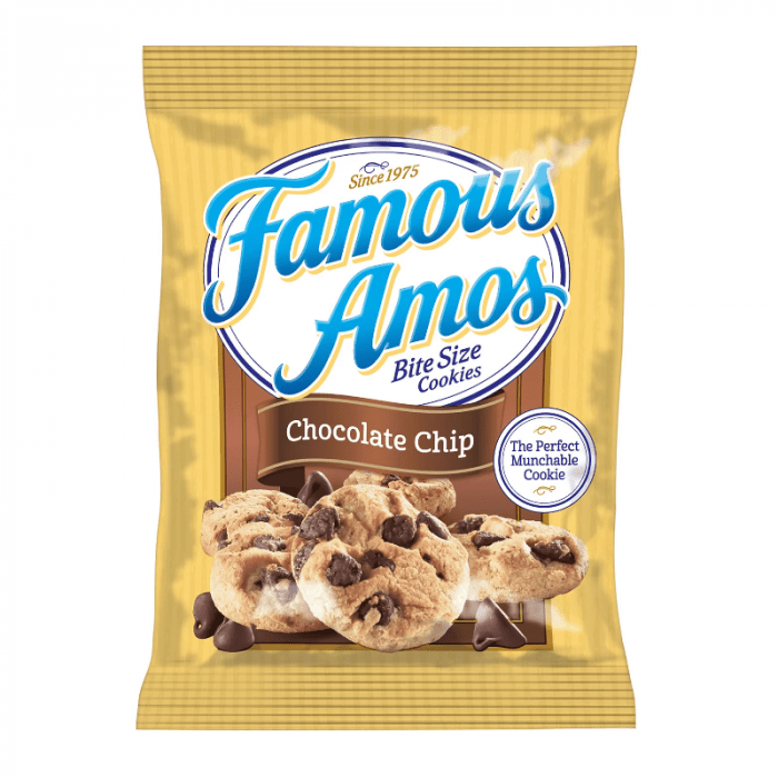 Front of Famous Amos Bite Size Cookies Chocolate Chip bag featuring the brand logo, chocolate chips, and cookie images (56g pack)