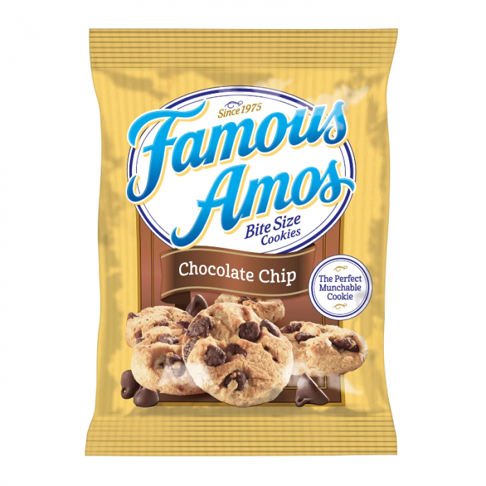 Front of Famous Amos Bite Size Cookies Chocolate Chip bag featuring the brand logo, chocolate chips, and cookie images (56g pack)