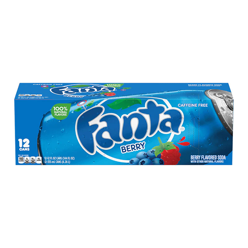 Front of Fanta Berry Case showing bold blue logo, berry flavour label, 12 cans of 355ml each (total 4.26 L)