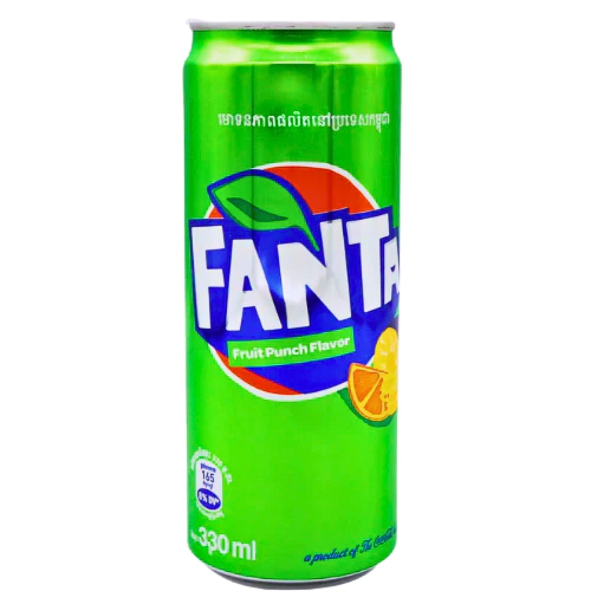 Front of Fanta Fruit Punch can showing vibrant logo, fruity punch flavour details, and pack size (320ml)