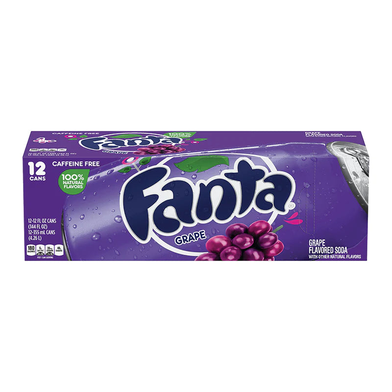 Front of Fanta Grape Case of 12 pack showing purple design, Fanta logo, grape flavour label, and 355ml cans (12 pack)