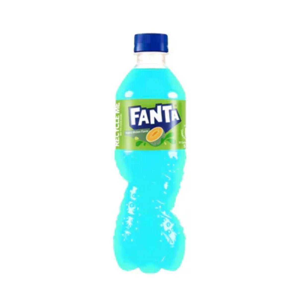 Front of Fanta Melon Hong Kong bottle showing bright blue liquid, logo, and melon flavour label (500ml)