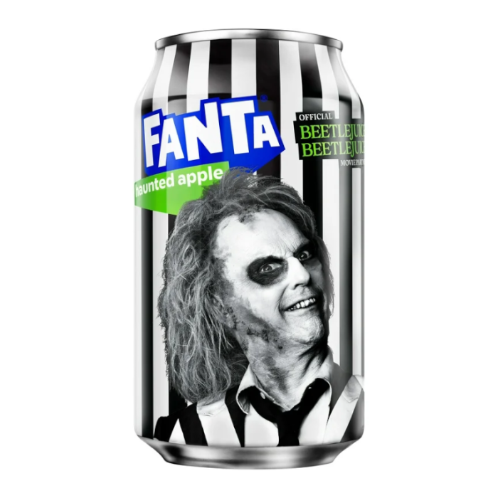 Front of Fanta Haunted Apple x Beetlejuice can showing the logo, haunted apple flavour label, and image of a character in black and white (355ml can)